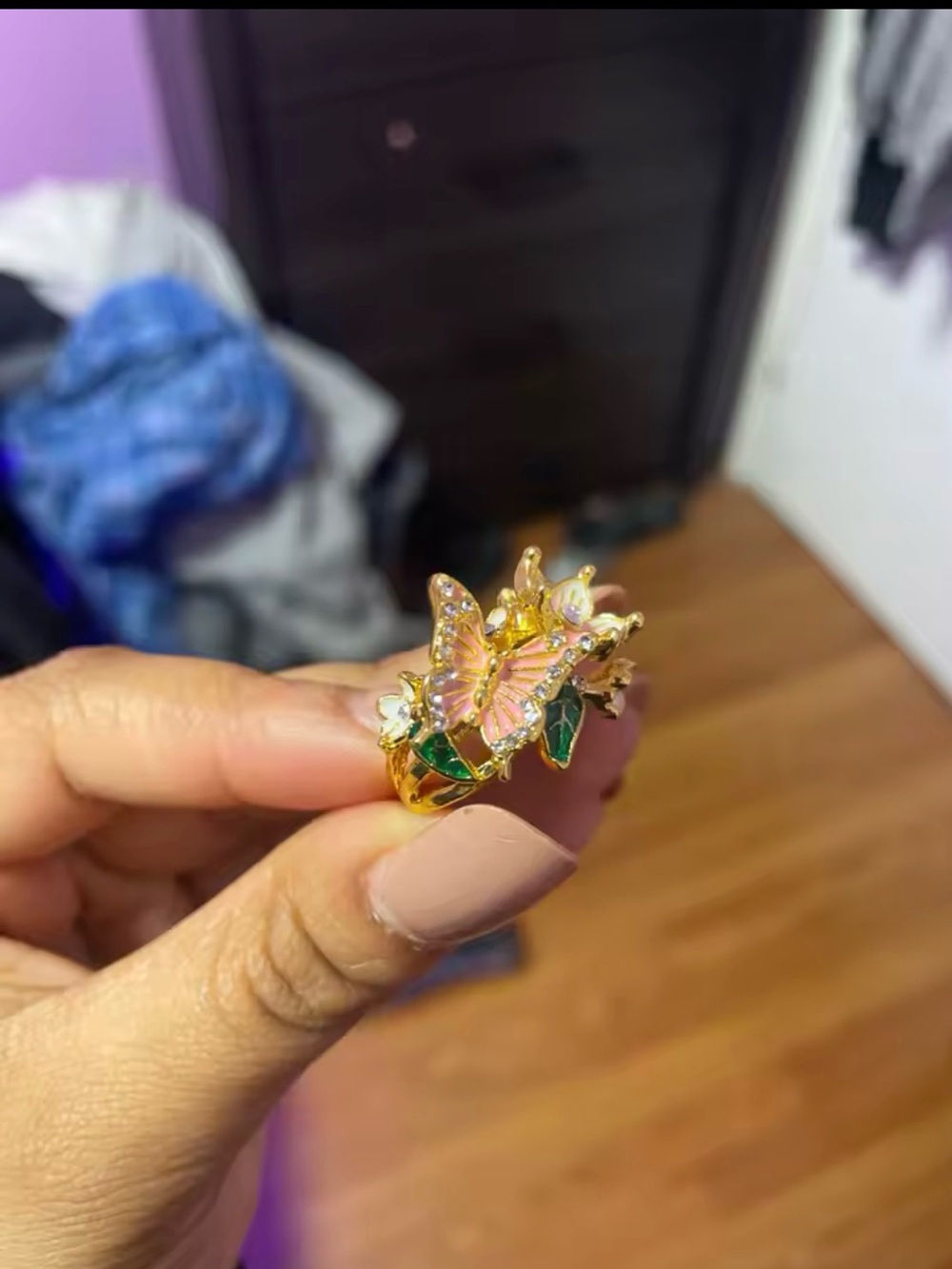 Gold Butterfly Leaf Ring in Pink and Green - Women Jewelry